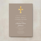 Elegant Taupe Cross Boy First Communion Einladung