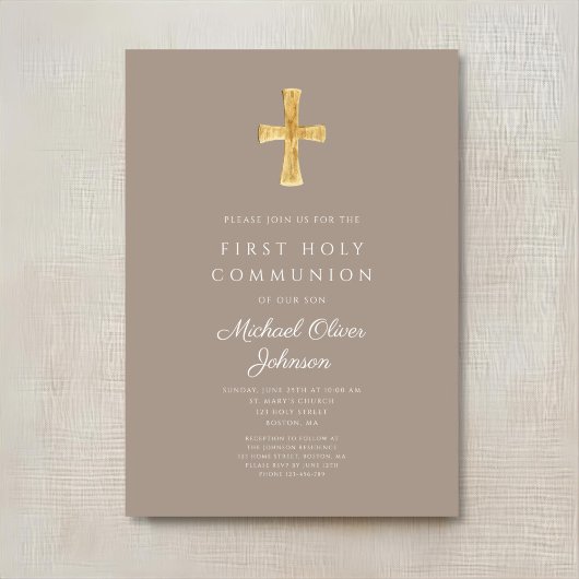 Elegant Taupe Cross Boy First Communion Einladung