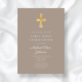 Elegant Taupe Cross Boy First Communion Einladung