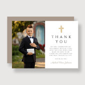 Elegant Taupe Cross Boy First Communion Foto Dankeskarte