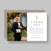 Elegant Taupe Cross Boy First Communion Foto Dankeskarte
