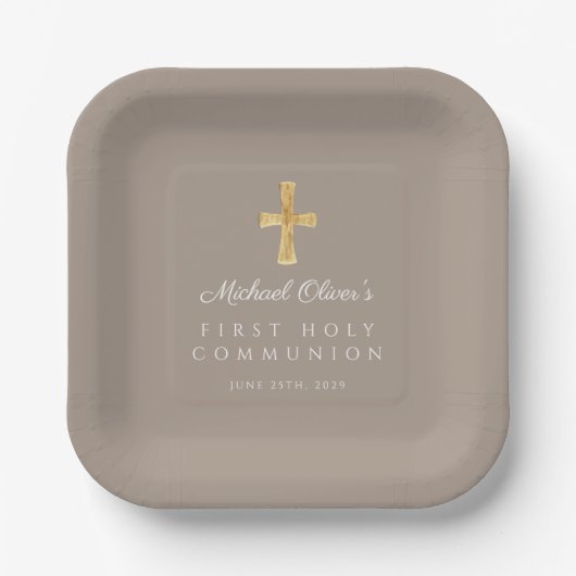Elegant Taupe Cross Boy First Communion Pappteller (Vorderseite)