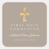 Elegant Taupe Cross Boy First Communion Quadratischer Aufkleber (Vorderseite)