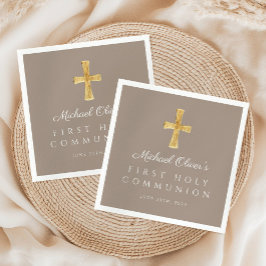 Elegant Taupe Cross Religious First Communion Serviette