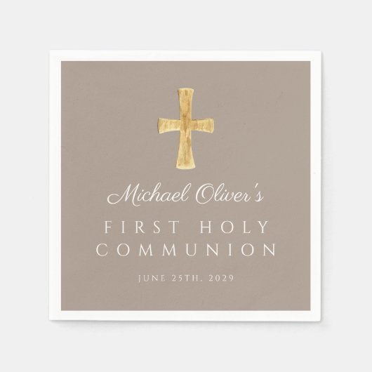 Elegant Taupe Cross Religious First Communion Serviette (Vorderseite)