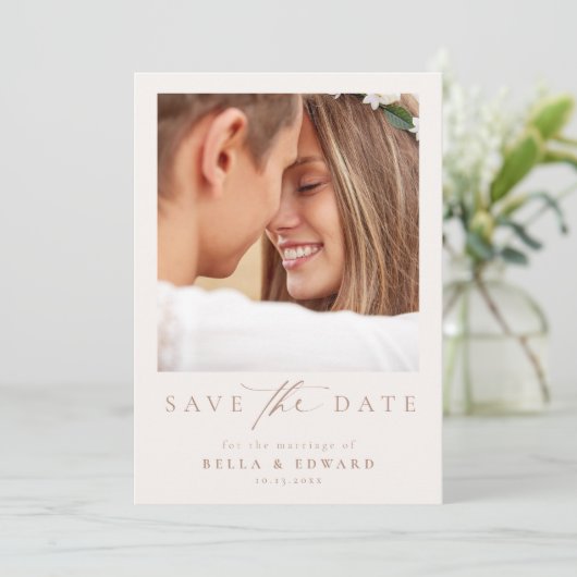 Elegant Taupe Elfenbein Foto Hochzeit speichern da Save The Date (Stehend Vorderseite)