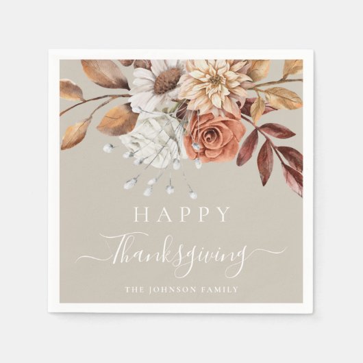 Elegant Taupe Fall Floral Happy Thanksgiving Serviette (Vorderseite)