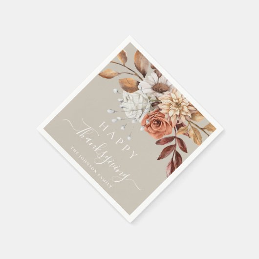 Elegant Taupe Fall Floral Happy Thanksgiving Serviette (Ecke)