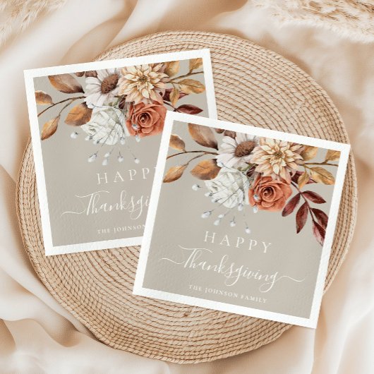 Elegant Taupe Fall Floral Happy Thanksgiving Serviette