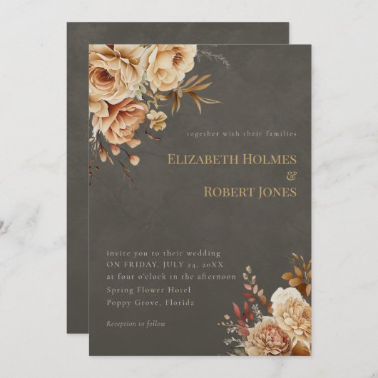 Elegant Taupe Floral Wedding Invitation Einladung (Vorne/Hinten)