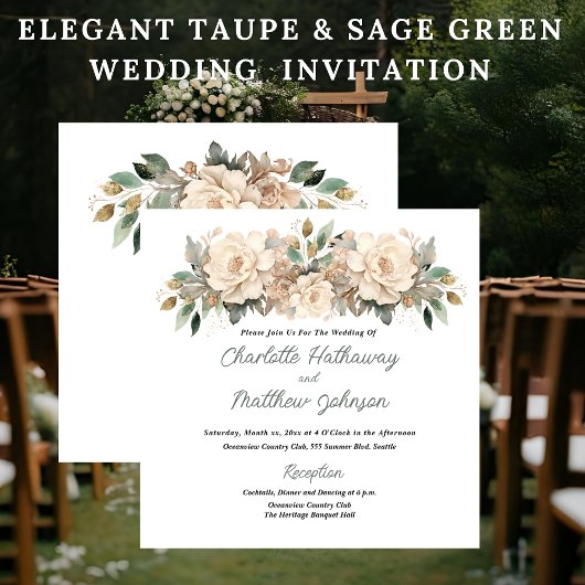 Elegant Taupe Floral Wedding with Sage Green Einladung