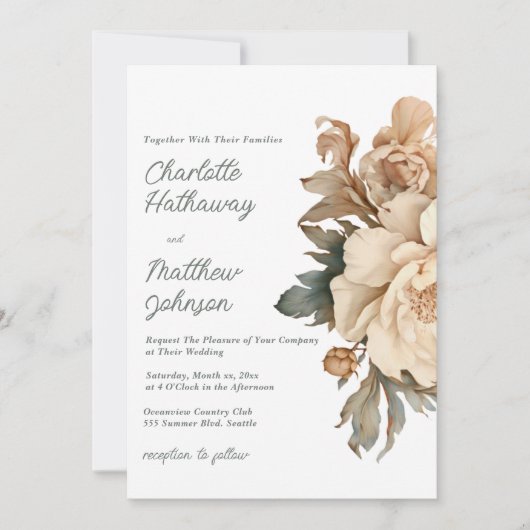 Elegant Taupe Floral Wedding With Sage Green Einladung (Vorderseite)