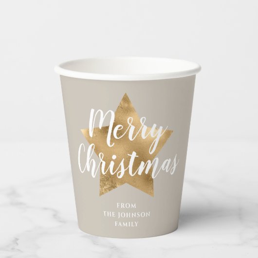 Elegant Taupe Imitate Gold Star Frohe Weihnachten Pappbecher (Vorderseite)