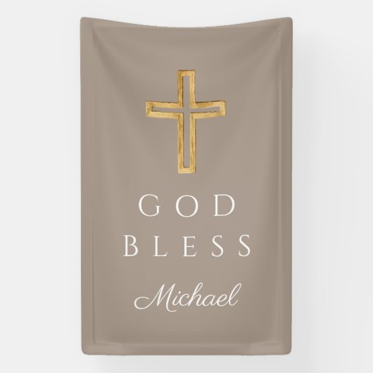 Elegant Taupe Religious Cross Boy Gott segne Banner (Vertikal)