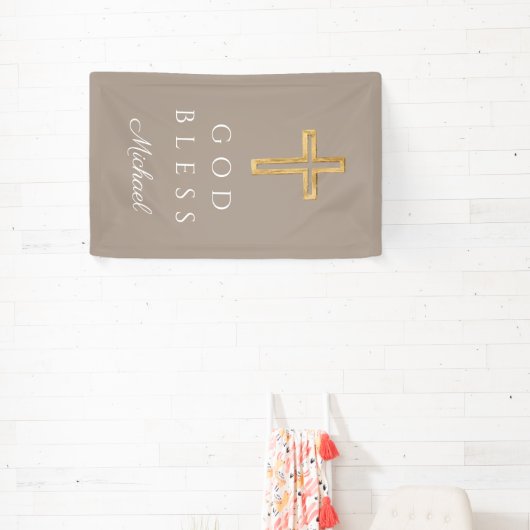 Elegant Taupe Religious Cross Boy Gott segne Banner (InSitu)