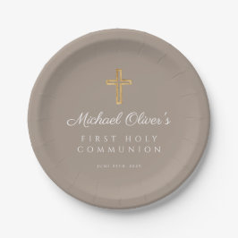 Elegant Taupe Religious Cross First Communion Pappteller