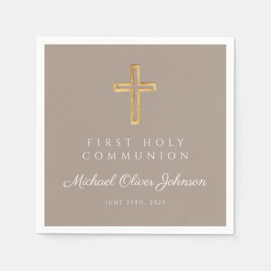 Elegant Taupe Religious Cross First Communion Serviette (Vorderseite)