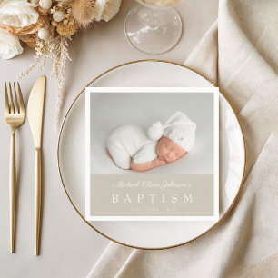Elegant Taupe Script Foto Taufe Serviette