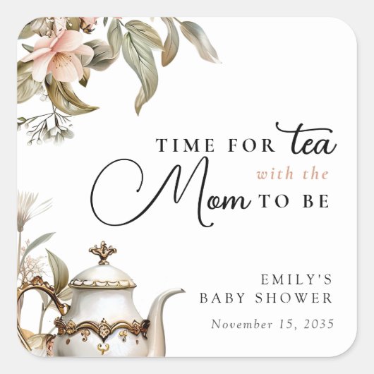 Elegant Tea Party Baby Shower Quadratischer Aufkleber (Vorderseite)