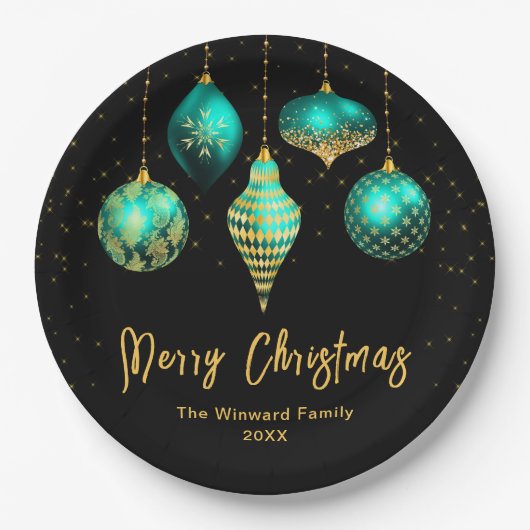Elegant Teal and Gold Ornament Christmas Pappteller (Vorderseite)