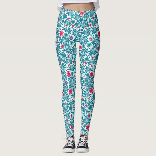 Elegant Teal and Magenta Foliage Pattern Leggings (Vorderseite)