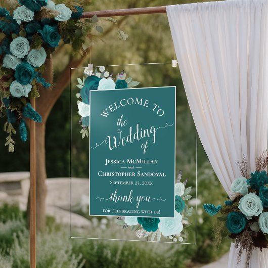 Elegant Teal & Aqua Boho Roses Wedding Welcome Acrylschild