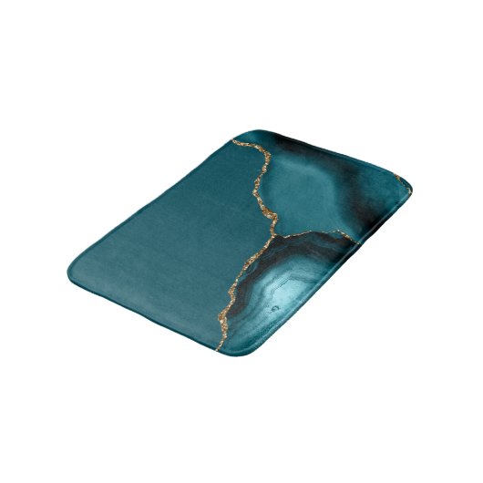 Elegant Teal Blue Agate Gold Glitter Badematte (Schrägansicht)