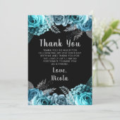 Elegant Teal Blue and Silver Flower Birthday Party Dankeskarte (Stehend Vorderseite)