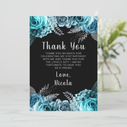 Elegant Teal Blue and Silver Flower Birthday Party Dankeskarte (Stehend Vorderseite)