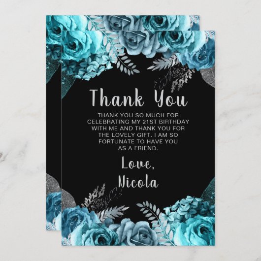 Elegant Teal Blue and Silver Flower Birthday Party Dankeskarte (Vorne/Hinten)
