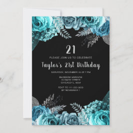 Elegant Teal Blue and Silver Flower Birthday Party Einladung