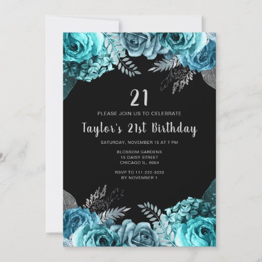 Elegant Teal Blue and Silver Flower Birthday Party Einladung (Vorderseite)