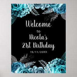 Elegant Teal Blue and Silver Flower Birthday Party Poster