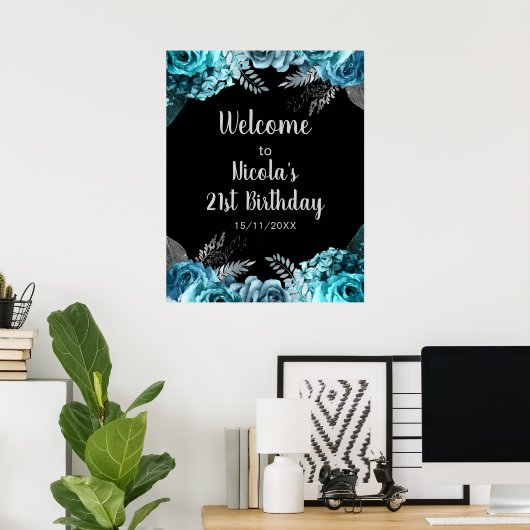 Elegant Teal Blue and Silver Flower Birthday Party Poster (Heimbüro)