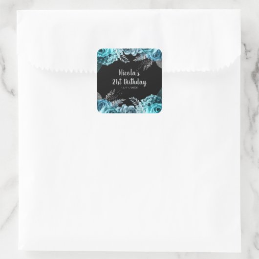 Elegant Teal Blue and Silver Flower Birthday Party Quadratischer Aufkleber (Tasche)