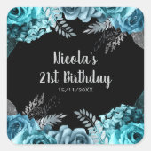 Elegant Teal Blue and Silver Flower Birthday Party Quadratischer Aufkleber (Vorderseite)