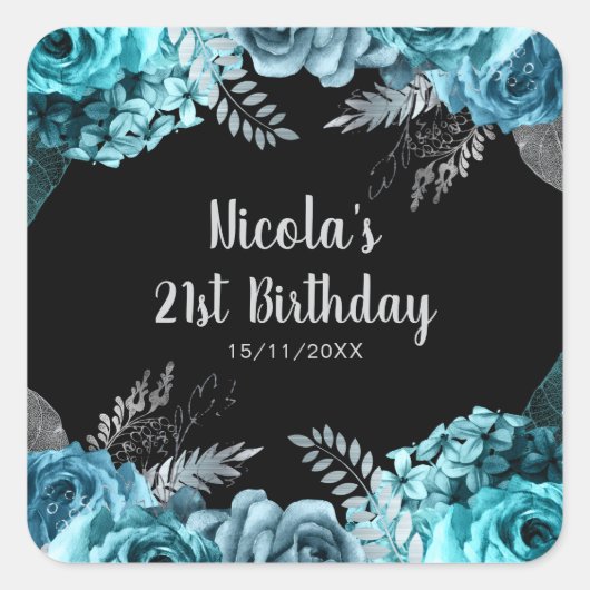 Elegant Teal Blue and Silver Flower Birthday Party Quadratischer Aufkleber (Vorderseite)