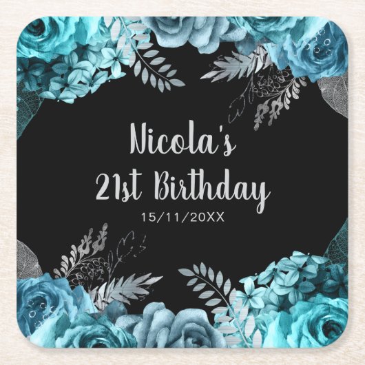 Elegant Teal Blue and Silver Flower Birthday Party Rechteckiger Pappuntersetzer (Vorderseite)