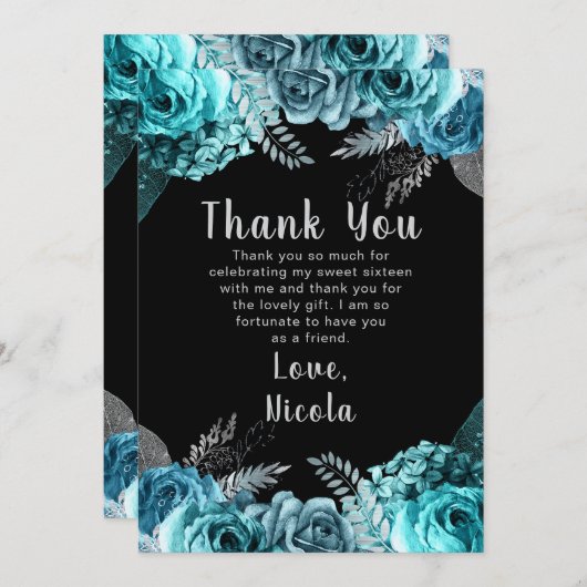 Elegant Teal Blue and Silver Flowers Sweet Sixteen Dankeskarte (Vorne/Hinten)