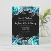 Elegant Teal Blue and Silver Flowers Sweet Sixteen Einladung (Stehend Vorderseite)