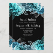 Elegant Teal Blue and Silver Flowers Sweet Sixteen Einladung (Vorne/Hinten)