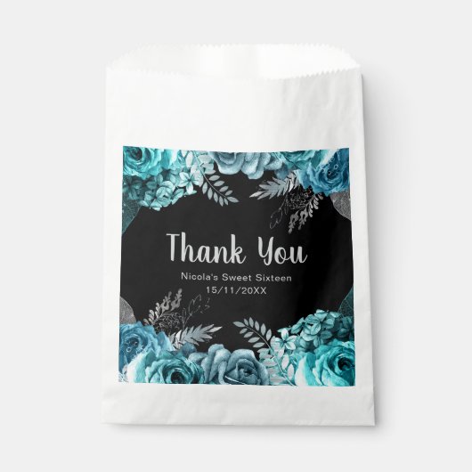 Elegant Teal Blue and Silver Flowers Sweet Sixteen Geschenktütchen (Vorderseite)