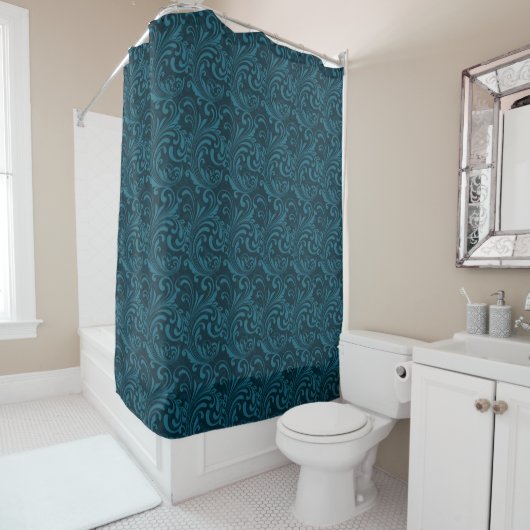 Elegant Teal Blue Baroque Floral Pattern  Duschvorhang (Beispiel)