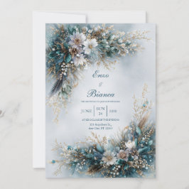 Elegant Teal Blue Floral Gold Feather Wedding Einladung