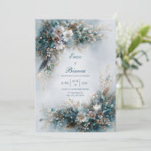 Elegant Teal Blue Floral Gold Feather Wedding Einladung (Stehend Vorderseite)