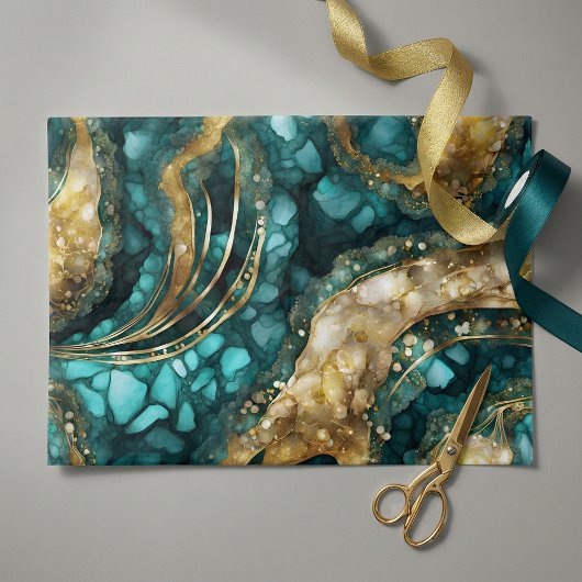 Elegant Teal Blue Gold Agate Geode Marble Abstract Seidenpapier
