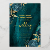 Elegant Teal Blue Gold Floral Wedding Folieneinladung (Vorderseite)