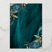 Elegant Teal Blue Gold Floral Wedding Folieneinladung (Rückseite)