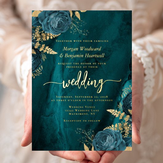 Elegant Teal Blue Gold Floral Wedding Folieneinladung