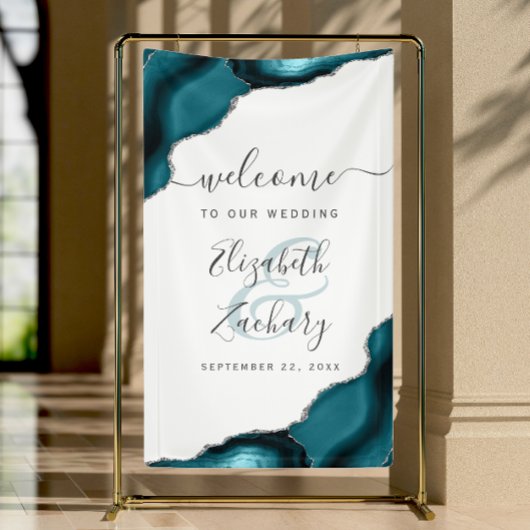 Elegant Teal Blue Silver Agate Wedding Welcome Banner